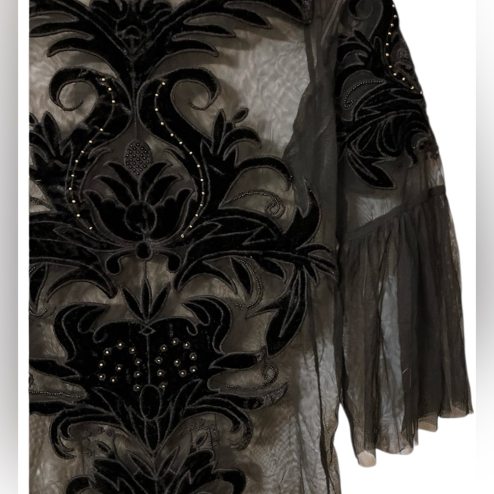 INC Black Mesh Velvet Appliqué See Through Top Blouse. Petite,Vintage,Y2K, Goth - Picture 10 of 15